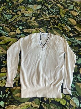 Women’s Boss White V-Neck Sweater with Navy and Red Trim